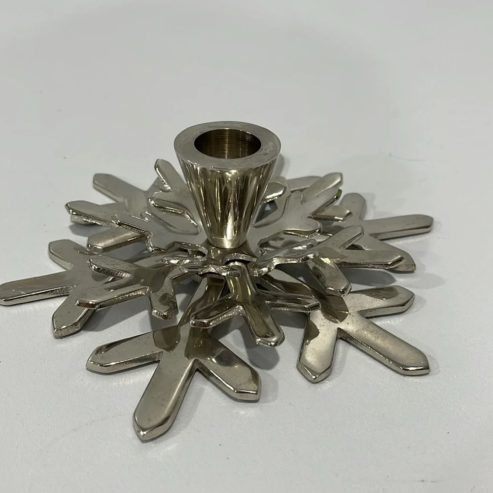 Crate & Barrel Silver Shiny Snowflake Taper Candle Holder